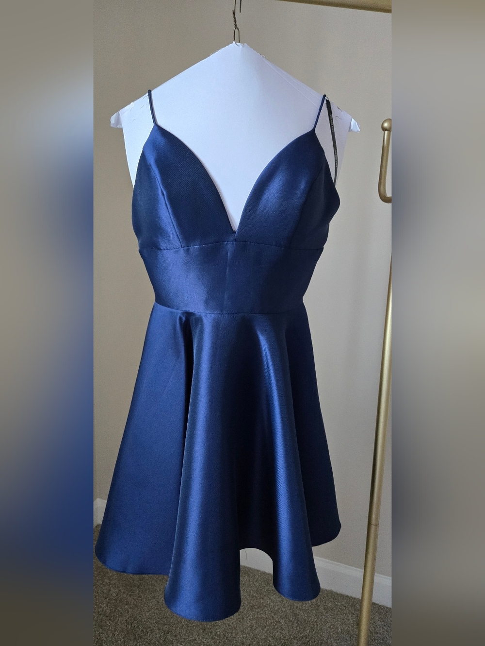 Sherri Hill Navy Satin Skater Dress • Open Back • Flowy • Prom/Homecoming